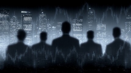 Business visionaries analyzing financial charts overlooking a futuristic cityscape horizon