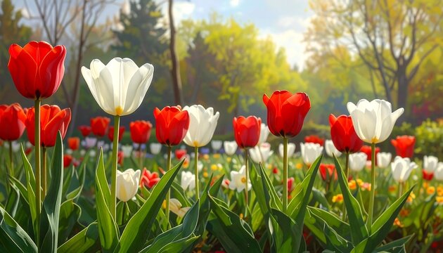 Vivid tulips in a park setting, predominantly red and white, under a sunny sky, with lush green trees background