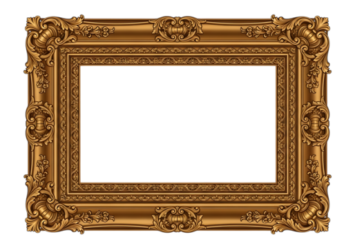 Ultra highresolution, professional studio photography of illustration of ornate vintage gold picture frame with a blank white space for an image isolated on a transparent background