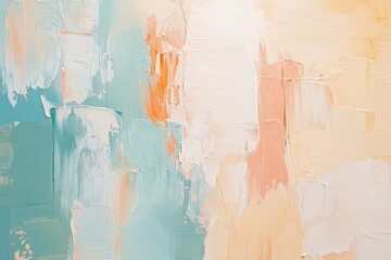 A vibrant abstract painting displays soft pastel tones of peach, cream, and teal, showcasing textured brushstrokes.