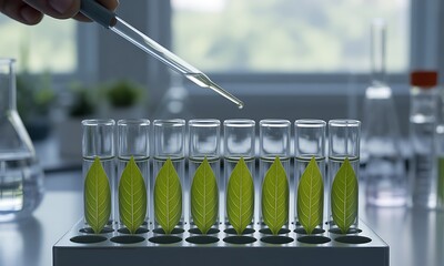 Green leaves in test tubes with droplet from pipette in laboratory, ideal for illustrating biotechnology, plant research, and sustainable science concepts
