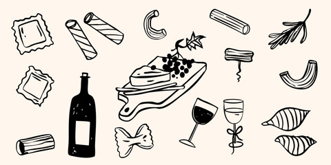 Hand drawn rustic pasta lover doodle vector illustration food sketch. Whimsical simple cheese, grapes, honey minimalistic vintage retro style graphics.