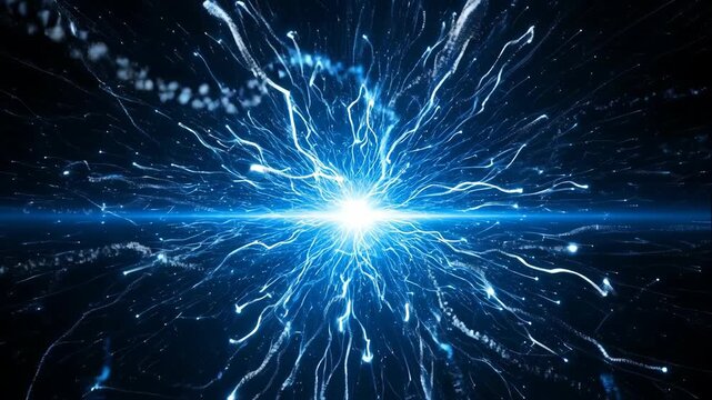 Abstract explosion of blue energy and light particles. Futuristic technology background with a glowing network. Digital data flow and cosmic singularity animation