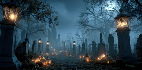 Fototapeta premium Spooky graveyard with tombstones, fog, and moonlight creates eerie atmosphere. Lanterns illuminate path, while pumpkins add festive touch to haunting scene