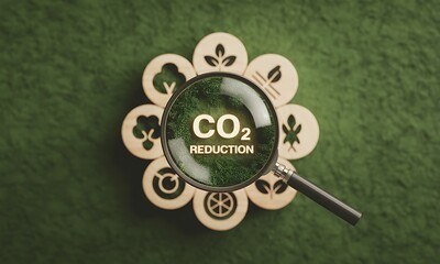 Magnifying glass focusing on CO2 reduction text over green eco icons, ideal for illustrating environmental sustainability and carbon footprint awareness campaigns