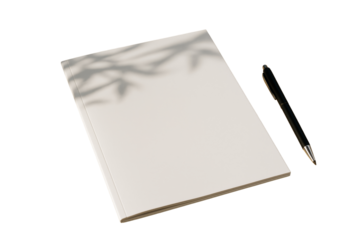 Blank notebook and black pen on isolated white background with soft plant shadows, clean minimalist layout element for design or branding. Ai generative