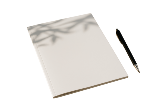 Blank notebook and black pen on isolated white background with soft plant shadows, clean minimalist layout element for design or branding. Ai generative