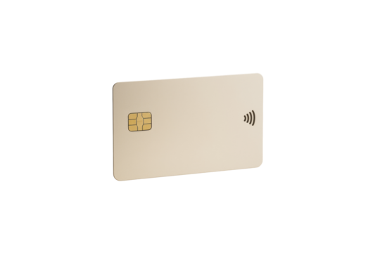 Contactless beige credit card with chip isolated on white background, clean minimalistic layout concept for banking and finance. Ai generative