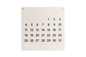 Wall calendar with black numbers on white grid, isolated on white background, clean layout for planning or organization concept. Ai generative