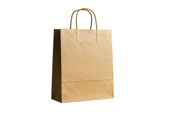 Brown paper shopping bag with twisted handles isolated on white background, clean cutout for packaging, branding, and eco-friendly design. Ai generative.