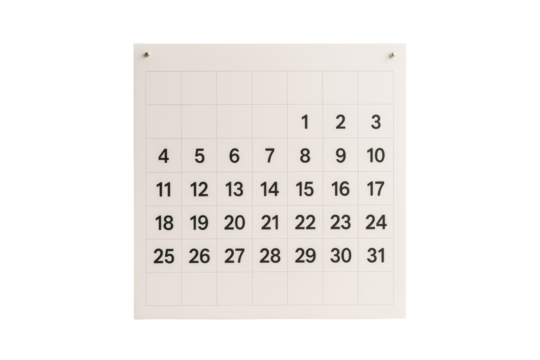 Wall calendar with black numbers on white grid, isolated on white background, clean layout for planning or organization concept. Ai generative