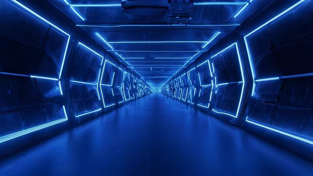 Blue-lit tunnel perspective view with geometric neon frames on walls, extending into the distance