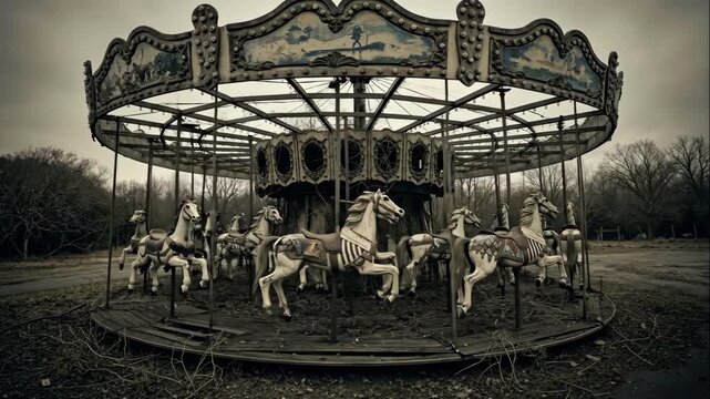 Eerie abandoned carousel decaying in a forgotten park. Creepy old merry-go-round with rusted horses. Post-apocalyptic horror atmosphere