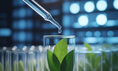 Close-up of laboratory dropper releasing liquid onto green leaves in glass test tube, ideal for illustrating biotechnology, plant research, and sustainable science concepts
