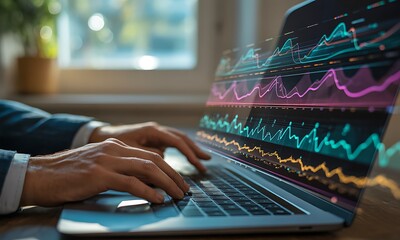 Hands typing on laptop with colorful financial data charts, ideal for illustrating business analytics, stock market trends, and digital financial technology concepts