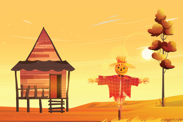 Countryside scene with scarecrow and cabin
in autumn
