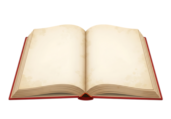 Ultra highresolution, professional studio photography of illustration of open antique book with blank aged pages isolated on transparent background