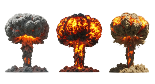 Three Nuclear Explosions, with Mushroom Clouds blast detonation, cutout, PNG isolated on white or transparent background