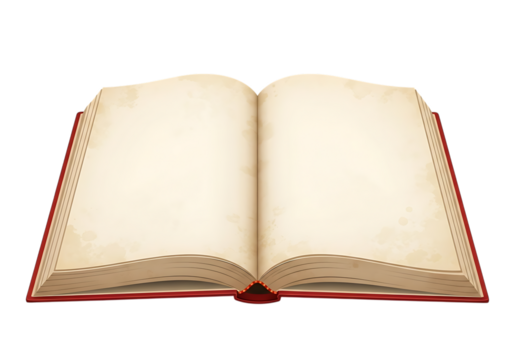 Ultra highresolution, professional studio photography of illustration of open antique book with blank aged pages isolated on transparent background