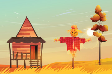Countryside scene with scarecrow and cabin
in autumn