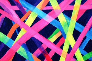 A vibrant abstract design features bold, intersecting lines of brilliant, fluorescent colors against a deep navy backdrop.