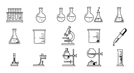 Collection of hand drawn scientific laboratory equipment and glassware for chemistry and biology experiments