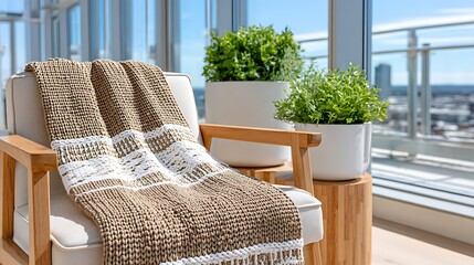 Cozy Knit Blanket Draped Over Chair in Modern Bright Interior Space