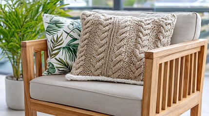 Cozy Beige Knit Blanket and Decorative Pillow on Modern Wooden Chair