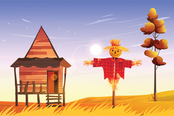 Countryside scene with scarecrow and cabin
in autumn