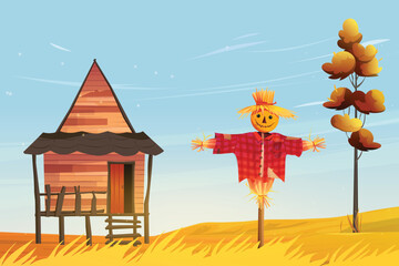 Countryside scene with scarecrow and cabin
in autumn