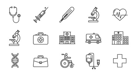 Collection of hand drawn medical icons representing healthcare symbols and equipment for a clean and modern design