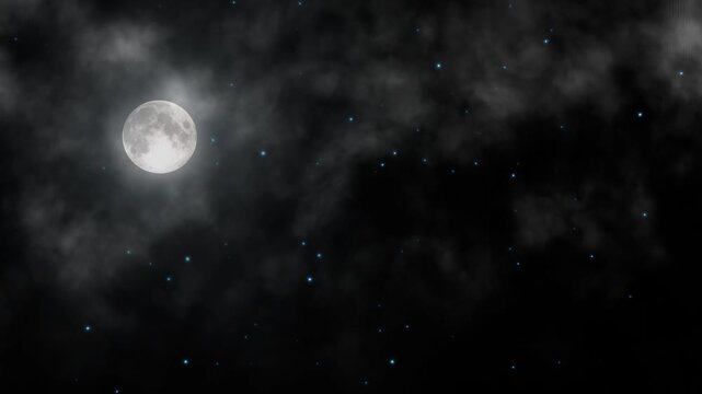 A cinematic 3D looping animation of the night sky with stars and the moon and passing clouds, fog or smoke