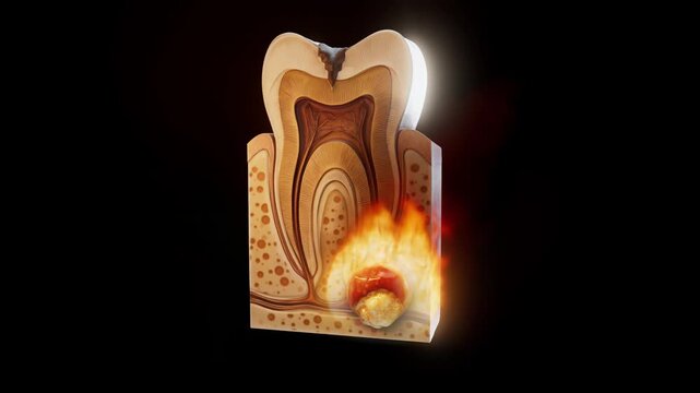 Conceptual 3D animation of a dental abscess on fire
