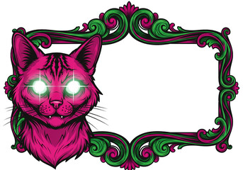 Vibrant, electric pink cat portrait with glowing eyes framed by ornate green and magenta swirling design.