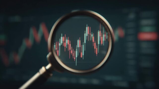 Magnifying glass stock market financial chart candlestick graph investment analysis trading data market trend business finance economic growth digital screen close up focus technology stock focusing - Powered by Adobe