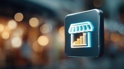 Neon shop icon with glowing graph symbolizing business growth and market trends in an urban environment; perfect for commerce themes and digital marketing visuals
