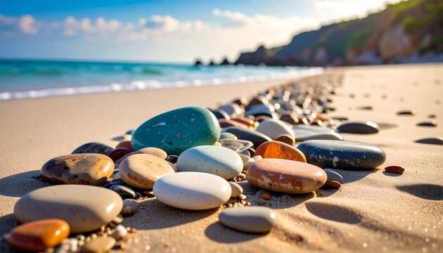Close-up of smoothed stones on a sandy beach with bright ocean water and distant cliffs in the background