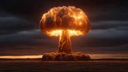 Nuclear explosion mushroom cloud fireball smoke dark sky horizon destructive force energy blast fiery cloud apocalyptic scene dramatic lighting energy release disaster glowing intensely over dark - Powered by Adobe