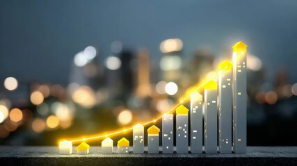 City building growth chart with arrow and light night showcasing business success and progress through real estate growth concept featuring ascending illuminated house models and glowing line graph - Powered by Adobe