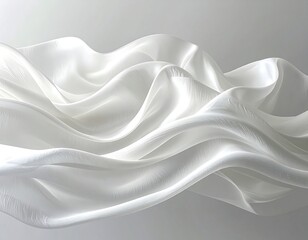 Fototapeta premium Silky smooth white fabric flows with gentle curves against a soft gray background, creating an elegant, airy effect