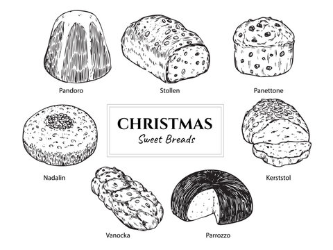 Collection of isolated hand drawn Christmas sweet bread outline drawing illustration