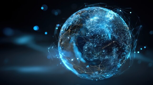 Futuristic Digital Globe with Connected Lines and Nodes Illuminated by Blue Light in a Dark Background Representing Global Communication and Technology