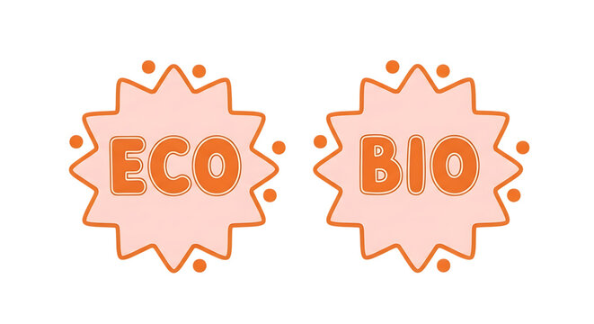 Ultra highresolution, professional studio photography of illustration of two orange starburst badges with text eco and bio isolated on transparent background