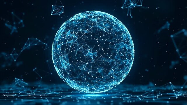 A rotating sphere of a global data network. Abstract plexus structure with glowing nodes and connections. Technology, communication, and futuristic internet concept