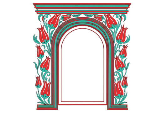 Ornate Archway with Red Tulips and Teal Accents on Black Background