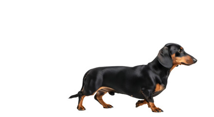 A black and tan dachshund dog walking on a white background.