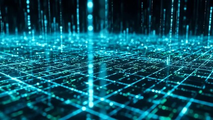 Abstract animation of a futuristic digital grid with data streams. Glowing particles represent information flowing through a network. Technology and big data concept - Powered by Adobe