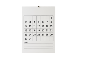 Simple paper calendar with black date grid and lined notes section, isolated on white background, clean layout for planning and organization. Ai generative