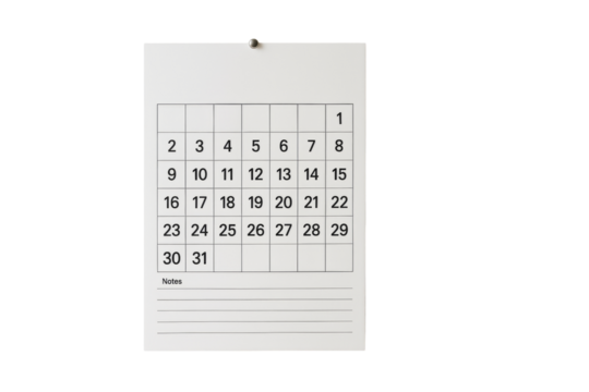 Simple paper calendar with black date grid and lined notes section, isolated on white background, clean layout for planning and organization. Ai generative