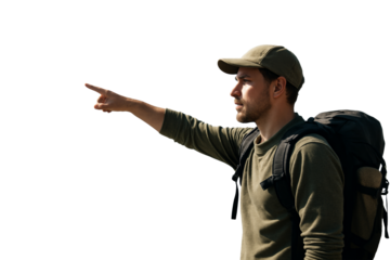 Man in hiking gear pointing ahead, realistic style, isolated on white background. Concept of navigation, adventure, and outdoor direction. Ai generative